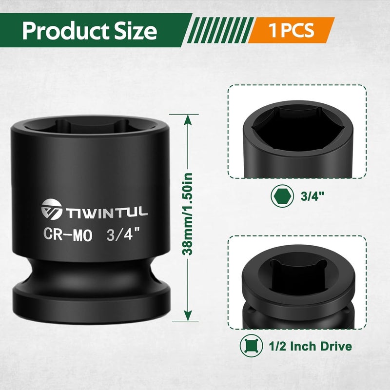 TIWINTUL 3/4" Impact Socket 1/2 Inch Drive, Shallow CR-MO Steel Impact Socket, 6 Point Design, 1.5" Length, SAE Size Socket for Auto Repair, Machinery Maintenance and Construction - Image 2